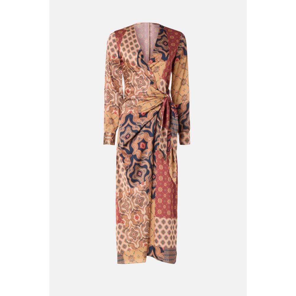 MISA Eliza Patchwork Print Long Sleeve Tie Waist Boho Wrap Midi Dress Size M - Picture 5 of 16